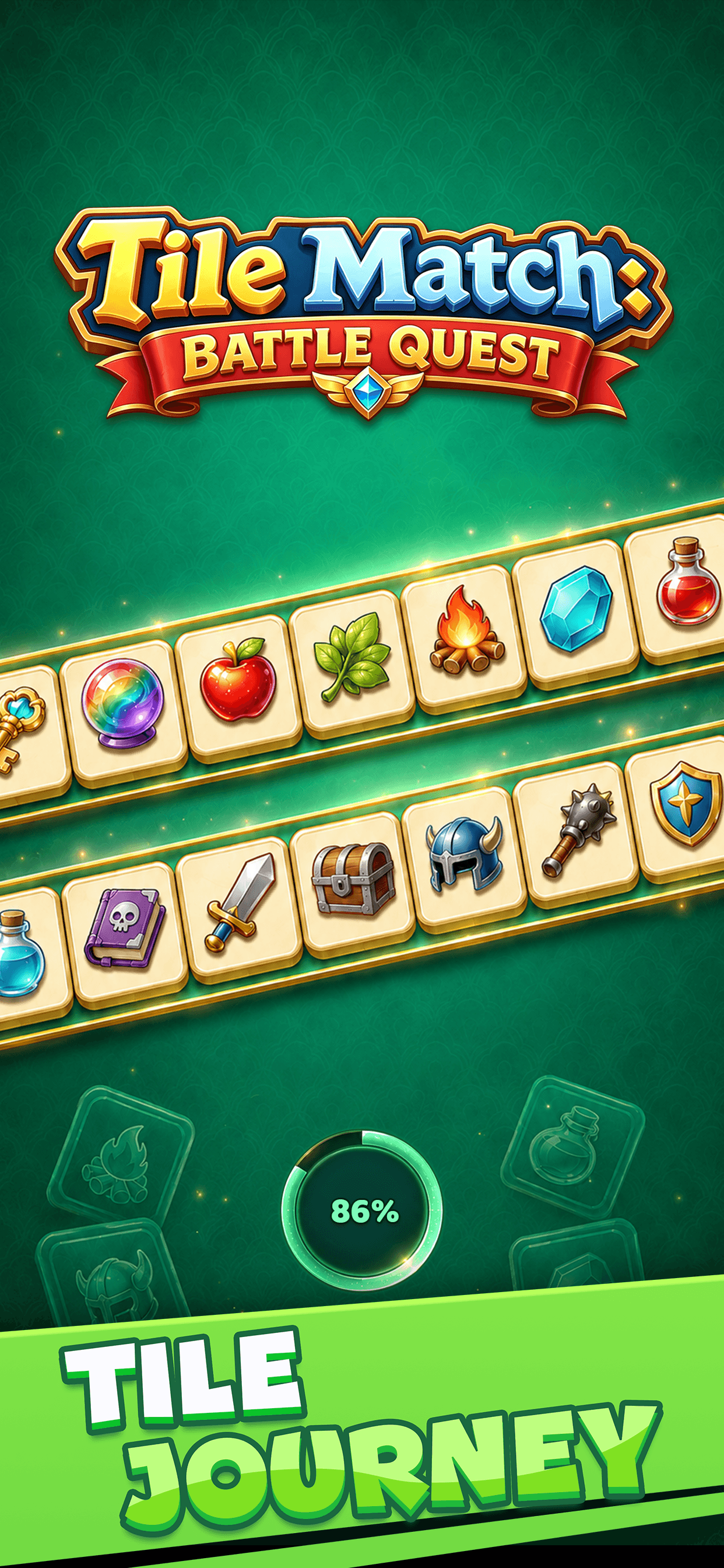 Tile Match: Battle Quest title screen showing colorful quest tiles