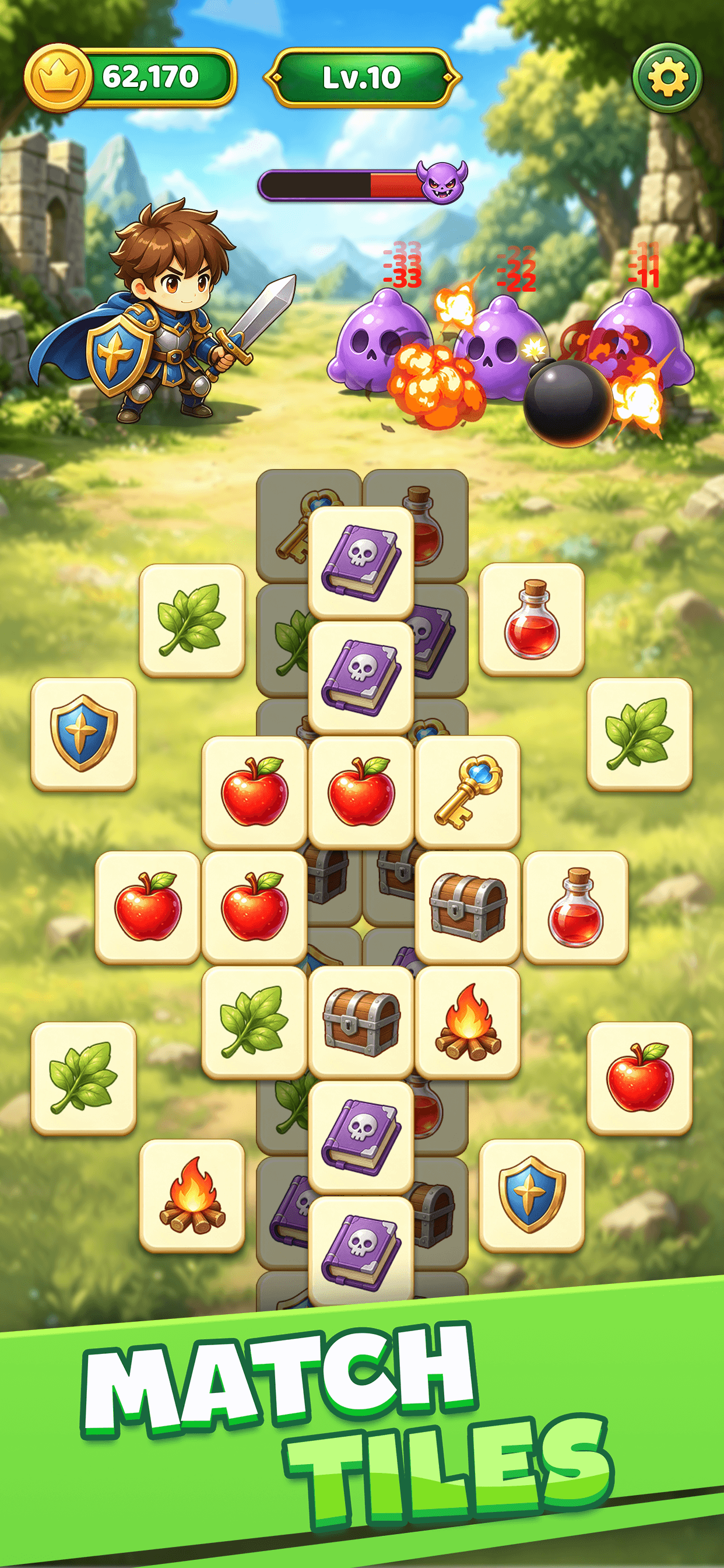 Tile matching gameplay with a hero battling purple monsters