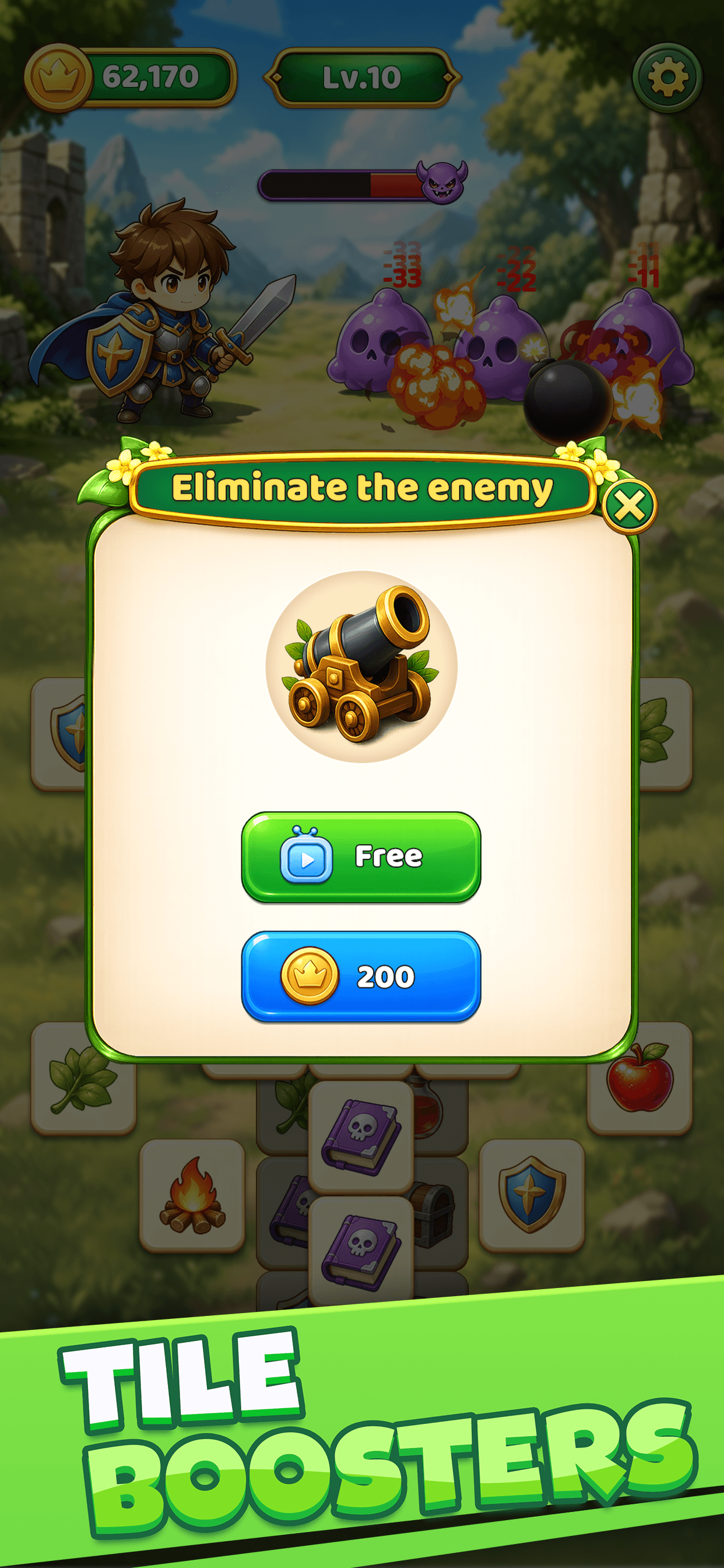 Battle quest booster selection with a cannon power-up